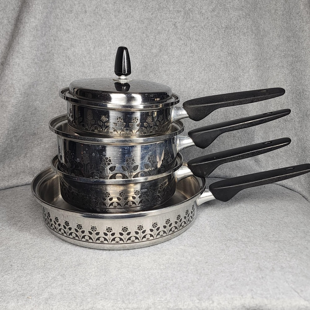 Vintage Regal 18-8 3Ply Floral Design Stainless Steel Cookware Set 5 USA